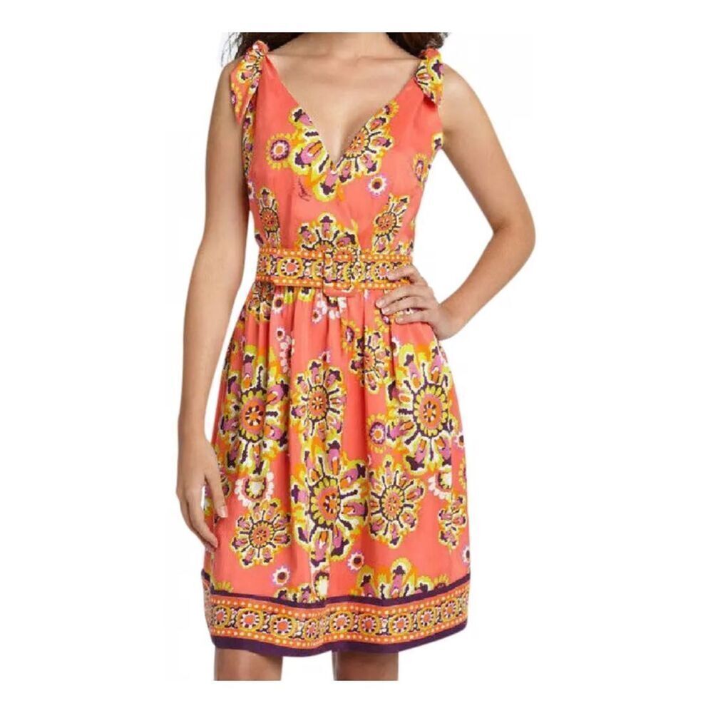 Trina Turk Dress Troubadour 100% Silk Floral Fit Flare Belted sz 10 NWT